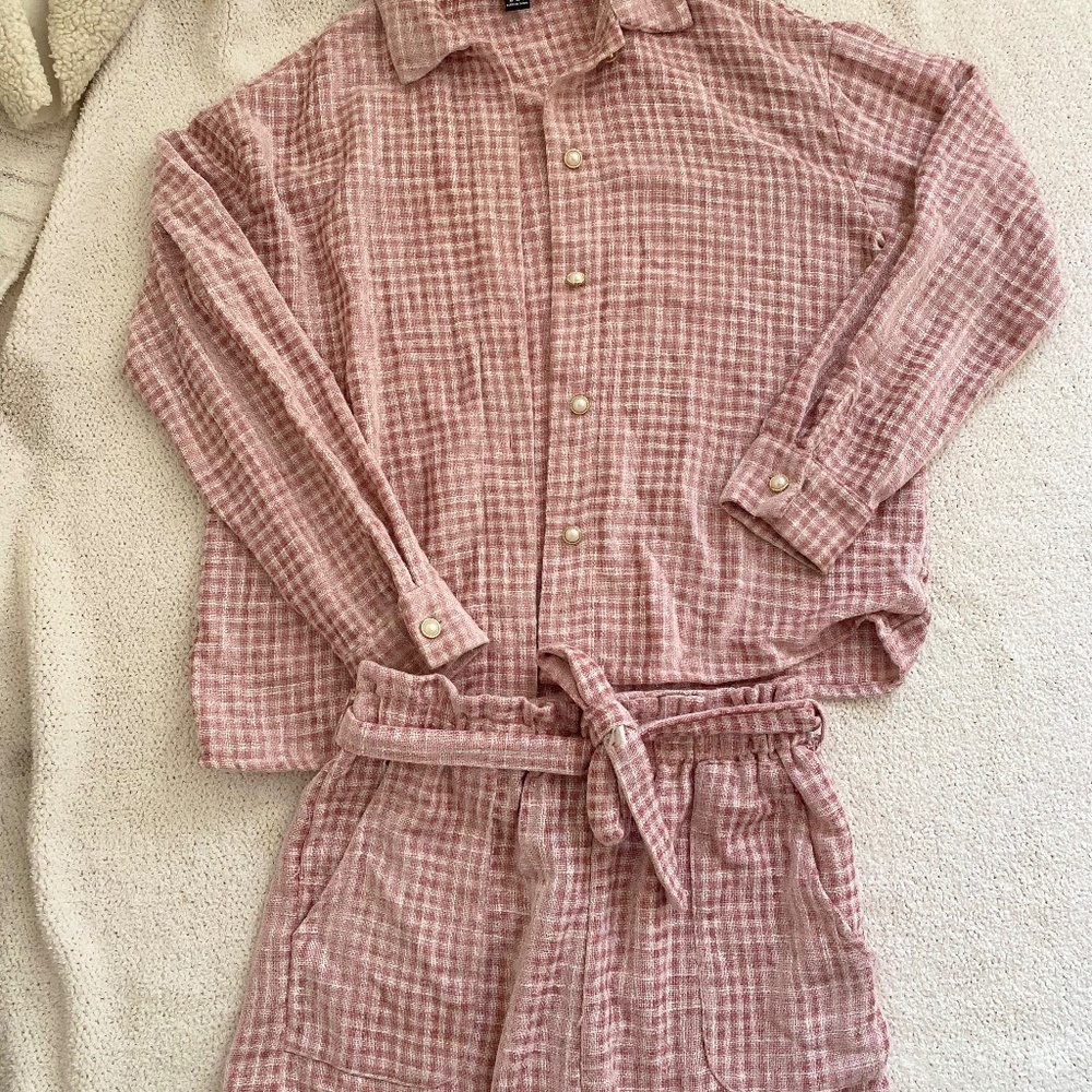 Pink and white gingham textured set featuring a button-down top and matching sho